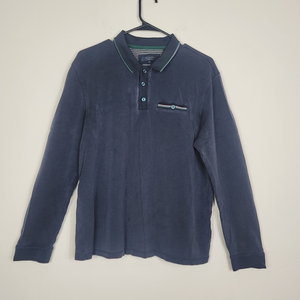 Ted Baker London Mens Long Sleeve Polo Shirt Navy Blue Size 5 XL BURLESK Lyocell